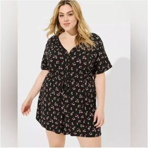 Torrid Rayon Slub Button Front Romper Black Floral Drawstring Waist Plus Size 1X